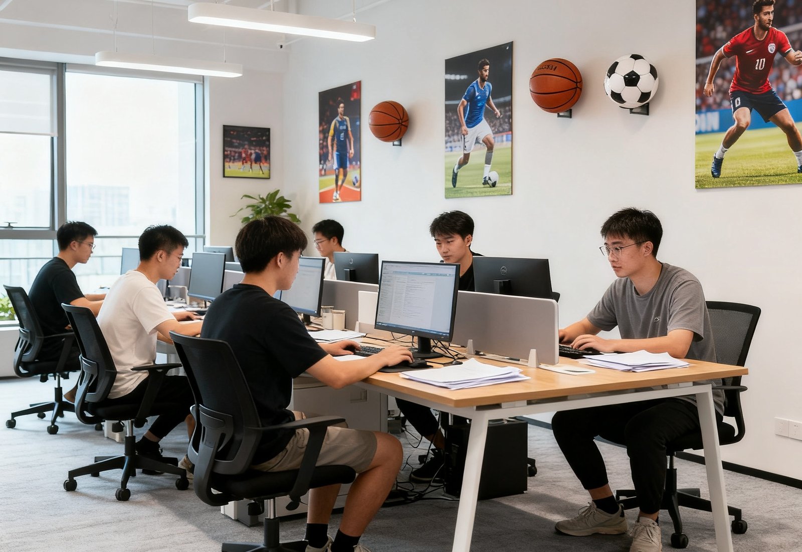 人人体育杭州总部开放式办公区实景，年轻活力的团队在充满体育元素装饰的环境中协作办公