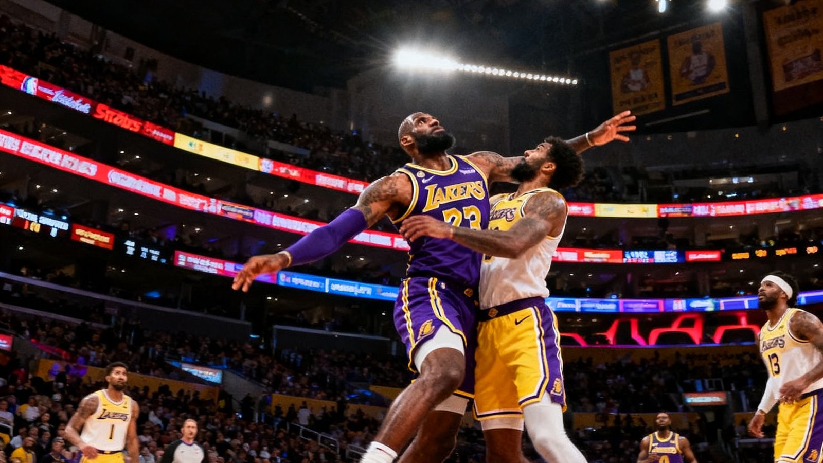NBA常规赛洛杉矶湖人队主场斯台普斯中心比赛实况，球员激烈对抗中